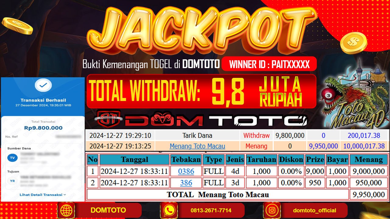 JACKPOT TOGEL TOTOMACAU 27 DESEMBER 2024